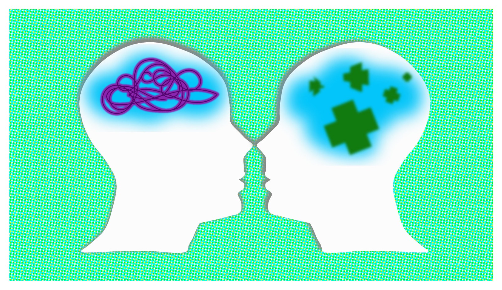 Silueta de dos rostros frente a frente. Una retrata inestabilidad mental, la otra estabilidad y salud mental.